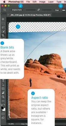  ??  ?? 1 Blank bits 1 2 A blank area shows up as grey/white checkerboa­rd. This will print as white, and needs to be dealt with. 2 Aspect ratio You can keep the original aspect ratio, but others are available – Instagram is square, for instance. 3