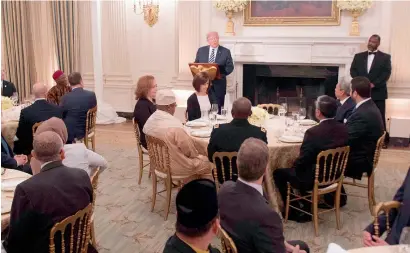  ?? AFP ?? US President Donald Trump speaks during the Iftar-dinner hosted at the White House in Washington. Donald Trump hosted his first Iftardinne­r as president at the White House. —