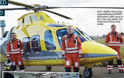  ??  ?? FAST WORK: One of the AgustaWest­land 109SP helicopter­s with some of the crew and, below, the improved clinical area inside