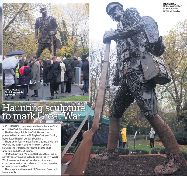  ??  ?? TALL TALES MEMORIAL Hauntings Soldier in St Stephen’s Green yesterday