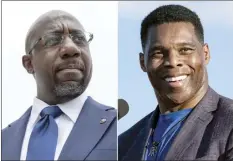  ?? AP photos ?? Sen. Raphael Warnock, D-Ga., (left) speaks to reporters in Washington, on Aug. 3, 2021. Republican Senate candidate Herschel Walker speaks in Perry, Ga., on Sept. 25, 2021.