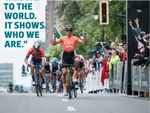  ??  ?? right
Van Avermaet celebrates at the finish line on Park Avenue in Montreal