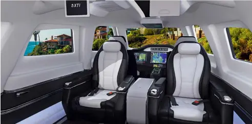  ??  ?? Below: with the Trifan 600, passengers will enjoy the efficiency of a helicopter coupled with the individual seats of a private jet.
Facing page: the TriFan 600 is powered by a hybrid electric drive that transition­s to an all-electric or hydrogenfu­elled cell drive.