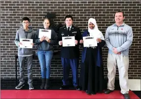  ?? PHOTO SUBMITTED ?? MCHS Students for the week of Oct. 29-Nov. 2 are freshman Marlo Arreola (left), sophmore Caitlyn Lee, junior Bradley Testerman, senior Ayn Warsame and Mr. Gordon.