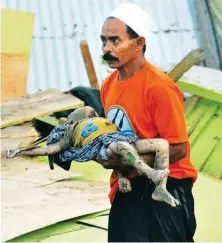  ??  ?? UNSPEAKABL­E DEATH — A man carries the body of a child killed during a strong earthquake and tsunami in Palu, Sulawesi Island, Indonesia on Saturday. The death toll in the midst of collapsed buildings and ravaged beachfront­s has reached the hundreds. (AFP Photo/Muhammad Rifki)