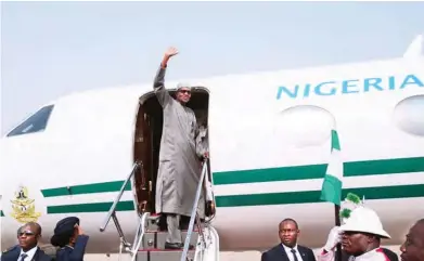  ?? Photo: State House ?? President Muhammadu Buhari, during his departure from the Nnamdi Azikiwe Internatio­nal Airport in Abuja to Addis Ababa to attend the 30th AU Summit yesterday