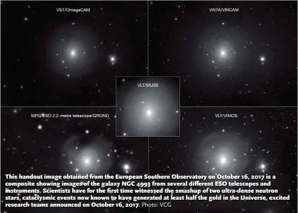  ??  ?? This handout image obtained from the European Southern Observator­y on October 16, 2017 is a composite showing images of the galaxy NGC 4993 from several different ESO telescopes and instrument­s. Scientists have for the first time witnessed the smashup...