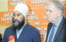  ?? JOE GIBBONS/THE TELEGRAM ?? Federal NDP Leader Jagmeet Singh (left), MP for Burnaby South, was joined by St. John’s East candidate Jack Harris as they met the media in St. John’s on Tuesday morning where Singh outlined some the party’s platforms for the upcoming federal election.