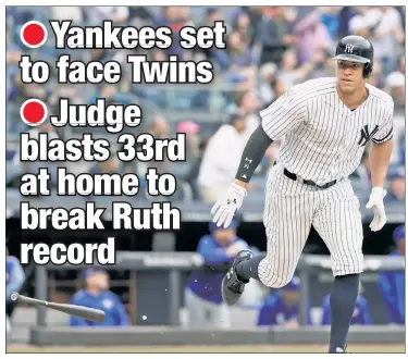  ?? Paul J. Bereswill (2) ?? GREAT EIGHT: Aaron Judge’s 52nd home run in the Yankees’ 2-1 win over Toronto on Saturday tied Mickey Mantle (1956) for the eighth-most homers in a season in franchise history.