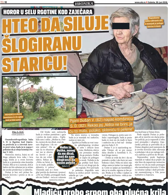  ??  ?? Manijak je u kuću komšinice S. D. upao
dok je bila sama
baka S. D.
Subota, 30. jun 2018.
Napadnutu baku odbranio sin, a manijak je polugo
istrčao iz kuće