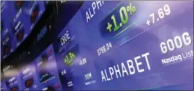  ?? AP PHOTO — MARK LENNIHAN, FILE ?? Electronic screens post prices of Alphabet stock at the Nasdaq MarketSite in New York.