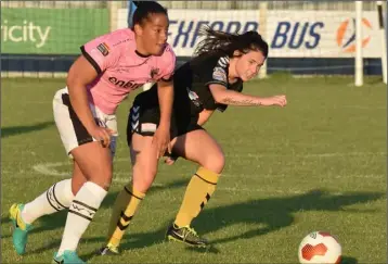 ??  ?? Rianna Jarrett in the thick of the action for Wexford Youths.