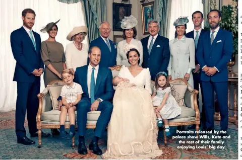  ??  ?? Portraits released by the palace show Wills, Kate and the rest of their family enjoying Louis’ big day.