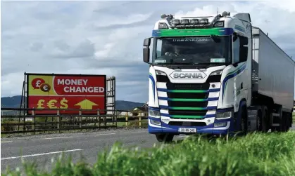  ?? ?? A truck driving across the border between Northern Ireland and Republic of Ireland. Photograph: Clodagh Kilcoyne/Reuters