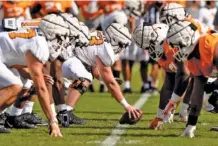  ?? TENNESSEE ATHLETICS PHOTO BY ANDREW FERGUSON ?? Tennessee sophomore center Cooper Mays anchors the offensive line during a Volunteers practice earlier this spring.