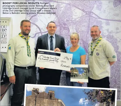  ??  ?? BOOST FOR LOCAL SCOUTS:
Romans’ photograph­y competitio­n winner Belinda Ewart and Uxbridge branch manager Jacob Cross present leaders of the 2nd Uxbridge Scout Group with a cheque. Below is Belinda’s winning picture ‘Timeless Uxbridge’.