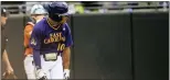  ?? MATT KELLEY — THE ASSOCIATED PRESS ?? East Carolina’s Jacob Starling reacts to hitting a home run during the ninth inning game against Texas on Saturday.