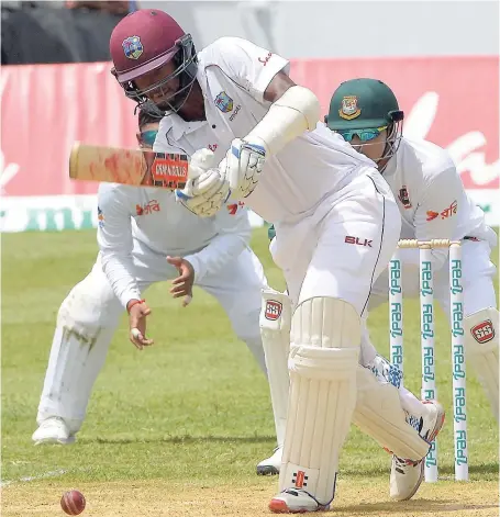  ??  ?? Kraigg Brathwaite on his way to a century on the first day of the second Test match between the West Indies and Bangladesh at Sabina Park.