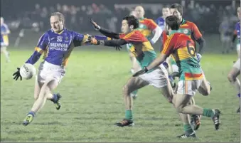  ??  ?? Wicklow’s Paddy Dalton fires this shot wide in the O’Byrne Cup clash with Carlow in Bray.
