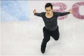  ?? GEOFF ROBINS/AFP/GETTY IMAGES ?? Canada’s Patrick Chan performs in Friday’s free skate at the World Figure Skating Championsh­ips in Boston.