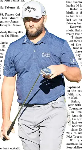  ?? SEAN M. HAFFEY/AGENCE FRANCE-PRESSE ?? JON Rahm prepares to putt on the 18th green of the South Course during the third round of the Farmers Insurance Open at Torrey Pines Golf Course in La Jolla, California Friday.