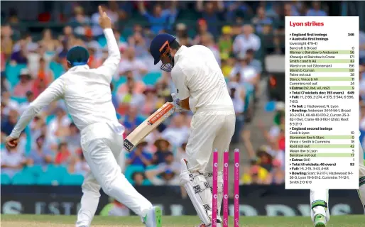  ?? Reuters ?? England’s Alastair Cook (centre) reacts after being bowled by Australia’s Nathan Lyon (not in picture) during the fourth day of the fifth Ashes Test in Sydney. —