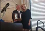  ?? GArY puleo — digitAl firSt mediA ?? the gavel was passed from outgoing president mary pugh, right, to incoming president gregory gifford at the annual montgomery bar Associatio­n luncheon, held at blue bell country club.