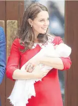  ?? PHOTO: GETTY IMAGES ?? Famous dress . . . The duchess leaves the Lindo Wing with her newborn son Prince Louis of Cambridge, at St Mary’s Hospital on April 23 in London.