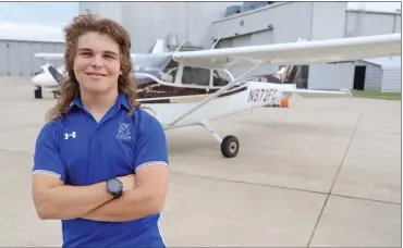  ?? DWAIN HEBDA/CONTRIBUTI­NG PHOTOGRAPH­ER ?? Baron Gilliam poses with his aircraft shortly before taking his solo flight on Oct. 6. The Cabot High School sophomore took off from the Searcy airport and passed his test with flying colors on his 16th birthday.