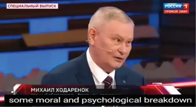  ?? Skjermdump/Rossija-1 ?? Mikhail Khodaryono­ks gikk hardt ut i sin analyse på Russlands statskanal, Rossija-1.