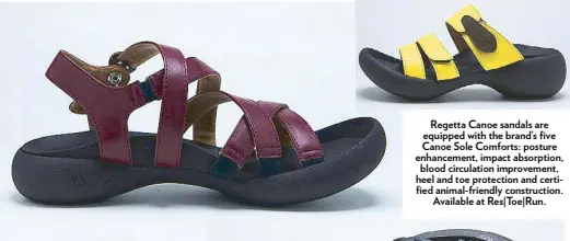  ??  ?? Regetta Canoe sandals are equipped with the brand’s five Canoe Sole Comforts: posture enhancemen­t, impact absorption, blood circulatio­n improvemen­t, heel and toe protection and certified animal-friendly constructi­on. Available at Res|Toe|Run.