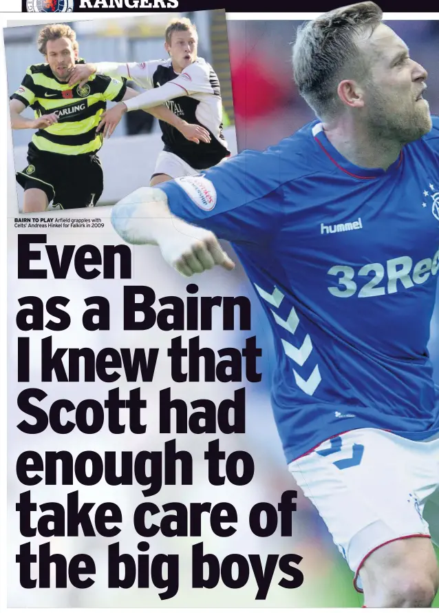  ??  ?? BAIRN TO PLAY Arfield grapples with Celts’ Andreas Hinkel for Falkirk in 2009