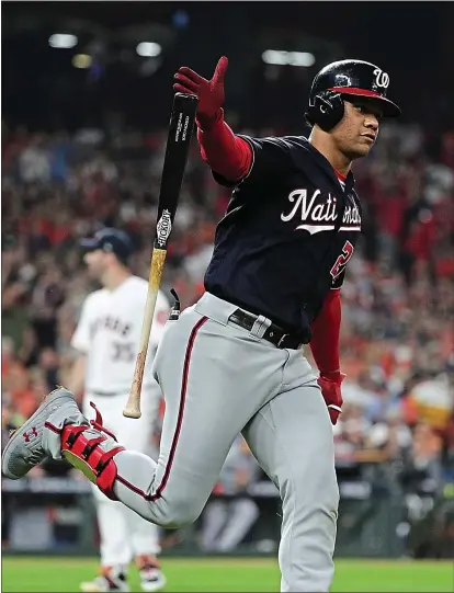  ?? DAVID J. PHILLIP — THE ASSOCIATED PRESS ?? Juan Soto clubbed a solo home run in the fifth inning — the second homer of the inning for the Nationals — to put Washington ahead 3-2 in Game 6. They went on to beat the Astros 7-2 to force a deciding Game 7 tonight in Houston.