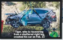  ??  ?? Tiger, who is recovering from a shattered right leg, crashed his car on Feb. 23