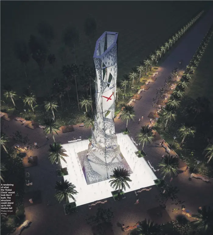  ?? Photos Amjad Al-Hajj ?? A rendering of what the ‘Dubai Clock’ would look like if built. The structure could stand up to 100 metres tall