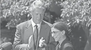  ?? DOUG MILLS/AP FILE ?? Then-president Bill Clinton and Ruth Bader Ginsburg in 1993. Clinton says she “exceeded even my highest expectatio­ns.”