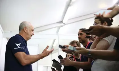  ?? Photograph: Robert Cianflone/Getty Images ?? Australia coach Graham Arnold speaks to the media at Aspire training ground in Doha before the Socceroos’ Group D clash with Denmark.