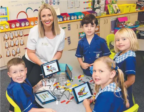  ??  ?? IT ALL COMPUTES: Teacher Shai McLady, pictured with St Peter’s Catholic Primary School students Hunter Smith, Giuliano Giorgio, Hope Alvers and Havana Hickman, says computer classes still require the human touch. Picture: RICHARD WAUGH