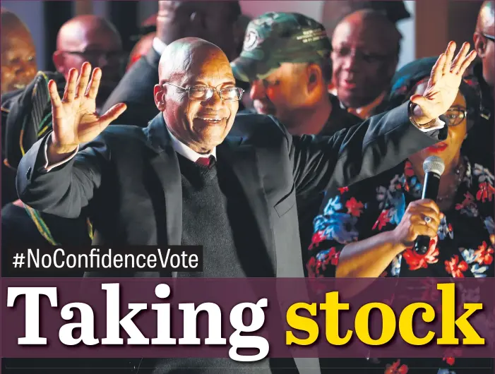  ?? Picture: EPA ?? CAT WITH NINE LIVES. President Jacob Zuma speaks to his supporters outside parliament in Cape Town on Tuesday night after he survived yet another motion of no confidence against him.