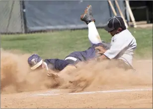  ?? ?? Gorzo is safe at home as Joe Rosalez of the Perris Prospector­s is late with his tag.