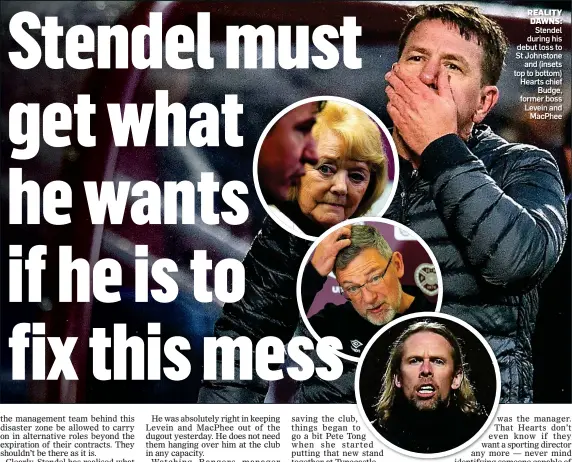  ??  ?? REALITY DAWNS: Stendel during his debut loss to St Johnstone and (insets top to bottom) Hearts chief Budge, former boss Levein and MacPhee