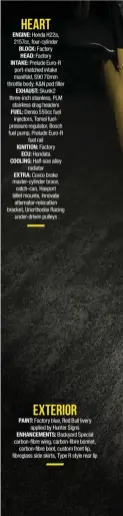  ??  ?? HEART ENGINE: Honda H22a, 2157cc, four-cylinder BLOCK: Factory HEAD: Factory INTAKE: Prelude Euro-R port-matched intake manifold, S90 70mm throttle body, K&N pod filter EXHAUST: Skunk2 three-inch stainless, PLM stainless drag headers FUEL: Denso 550cc...