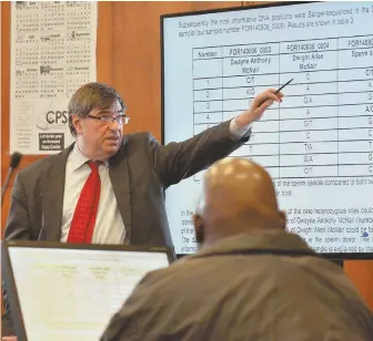  ?? HERALD PHOTOS BY CHRIS CHRISTO ?? MAKING A POINT: Dwayne McNair (back to camera) listens to his attorney Robert Tobin as he questions an expert in DNA profiling at Suffolk Superior Court.