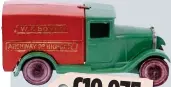  ??  ?? This pre-war ‘No 22D’ Dinky delivery van marked ‘WE Boyce’ was made in the 1930s. Such early vehicles were sold as railway kit accessorie­s. It was sold at auction in 2008.