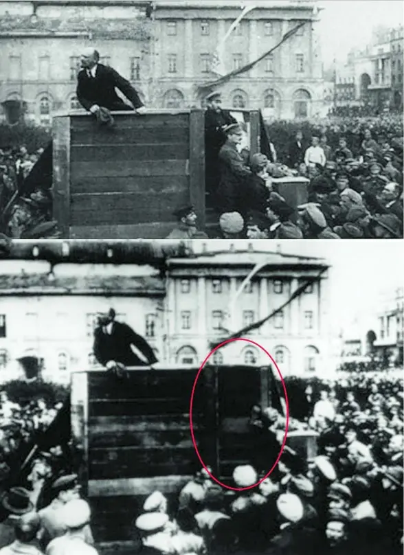  ??  ?? La represión de Lenin llegó hasta la fotografía. Arriba, con Trotski, abajo, la imagen cuando lo eliminó