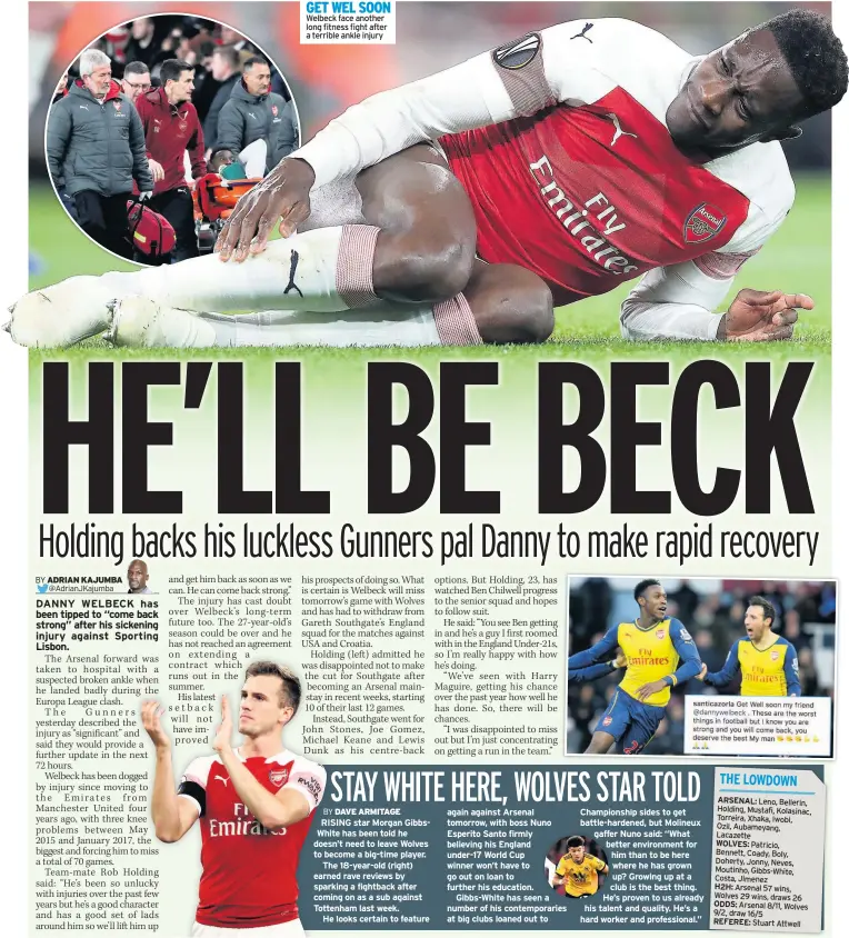  ??  ?? GET WEL SOON Welbeck face another long fitness fight after a terrible ankle injury again against Arsenal tomorrow, with boss Nuno Esperito Santo firmly believing his England under-17 World Cup winner won’t have to go out on loan to further his education.Gibbs-White has seen a number of his contempora­ries at big clubs loaned out to