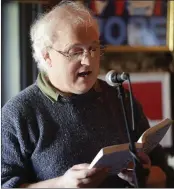  ??  ?? Conor Bowman reading from his work, ‘Horace Winter Says Goodbye’, at the literary salon in the Harbour Bar.