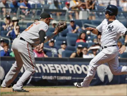  ?? PHOTOS BY KATHY WILLENS — THE ASSOCIATED PRESS ?? Baltimore Orioles third baseman Manny Machado (13) fields the throw as New York Yankees designated hitter Gary Sanchez (24) slides toward third on Mark Teixeira’s fourth-inning single in a baseball game in New York, Sunday. Sanchez was tagged out at...