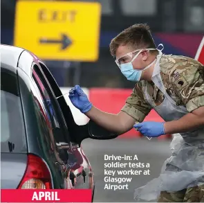  ??  ?? APRIL
Drive-in: A soldier tests a key worker at Glasgow Airport