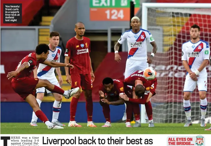  ??  ?? You beauty: Trent curls in a superb free-kick at Anfield last night